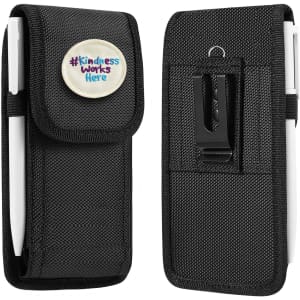 A black phone pouch with a belt clip and a circular badge featuring a logo.