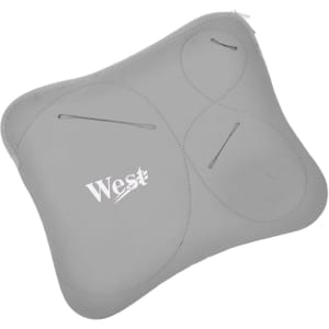 A grey laptop bag with multiple pockets and a logo, featuring a smooth, rounded design.