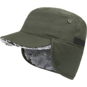 A thickened earflap hat in olive green with a soft, fur-lined interior and adjustable side flaps.