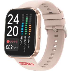 A square smart watch in light beige with a gold frame, displaying fitness stats on a vibrant screen.