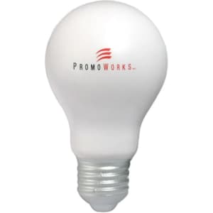A white bulb-shaped stress reliever with a metal base and a logo on the surface.