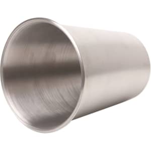 A stainless steel cup with a sleek, polished finish, featuring a simple design and a circular base.