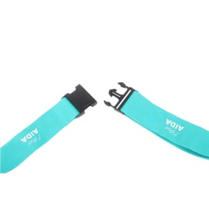 A turquoise luggage belt with black clasps and a logo, designed for securing bags.