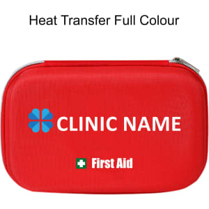 A red hard shell first aid kit case with a logo and text, featuring a zip closure.