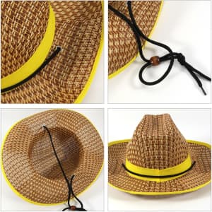 A Western straw hat featuring a woven design, yellow trim, and an adjustable black cord.