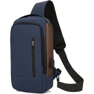 A navy blue anti-theft sling bag with a brown accent, featuring multiple zippers and an adjustable strap.