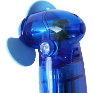 A transparent blue handheld fan with a propeller design, featuring a simple button for operation.