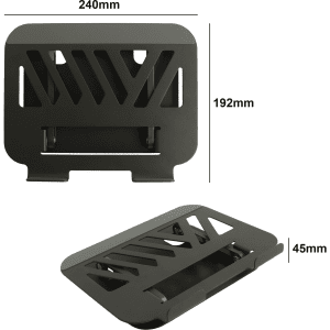 A foldable metal laptop stand in black, displaying its dimensions, with a sleek design and a logo present.
