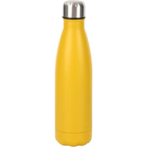 A drink bottle in bright yellow with a stainless steel lid and a logo. It has a sleek double wall construction.