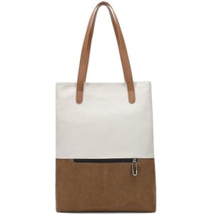 A convertible canvas backpack to tote bag in cream and brown with two tan straps and a zippered front pocket.
