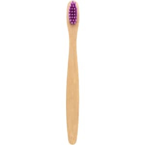 A small bamboo toothbrush with a purple bristle head and a light bamboo handle, featuring a simple design.
