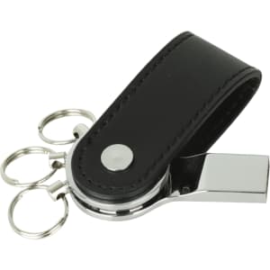 A black PU leather swivel drive with shiny chrome accents and keyring attachments.