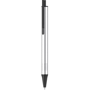 A silver pen with a black tip and clip, featuring a sleek and minimalist design. It has a branding logo.