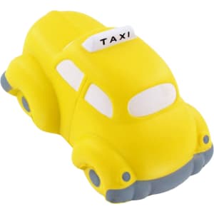A yellow taxi-shaped stress reliever with a grey base and a taxi sign on top. Features a simple, playful design.