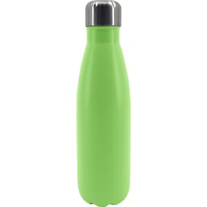 A drink bottle in vibrant green with a stainless steel cap and a smooth, matte finish. It features a logo.