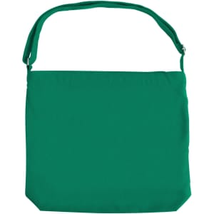 A green canvas tote bag with a long strap and a simple design. It features a logo on the front.