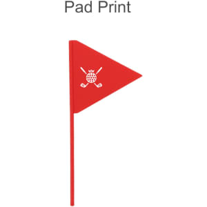 A red golf putting green flag with a simple design featuring crossed golf clubs and a ball.