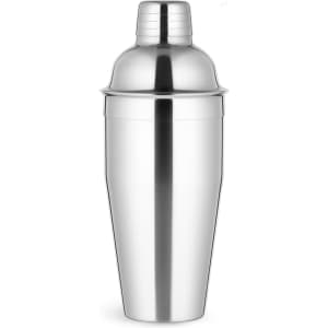 A stainless steel cocktail shaker with a polished silver finish and a threaded cap. It features a logo.