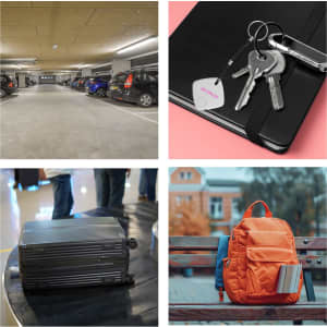 A collection of four images featuring a parking garage, keys attached to a locator tag, a silver suitcase, and an orange backpack.