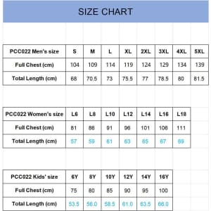A size chart displaying measurements for men's, women's, and kids' sublimated sports tee shirts.