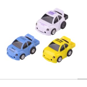 A set of three car-shaped flash drives in blue, white, and yellow, each featuring a logo.