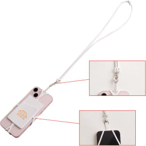 A phone holder in white and pink with a silicone lanyard, featuring a logo and adjustable clips.