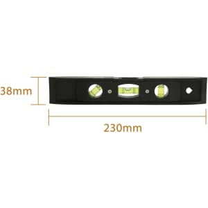 A black magnetic torpedo level with three bubble vials, measuring 230mm in length and 38mm in height.