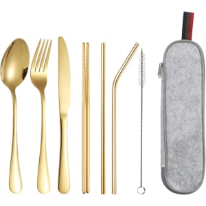 A stainless steel flatware set in gold, featuring a spoon, fork, knife, straws, and a storage case.