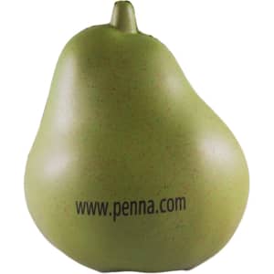 A green pear-shaped stress reliever with a smooth finish and a logo on one side.