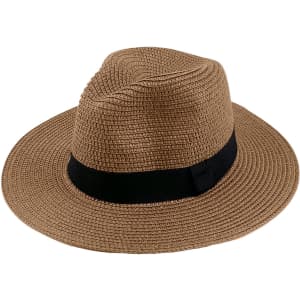 A straw hat in a tan colour with a black band around the base. Features a round, wide brim and a textured design.