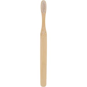 A large flat handle toothbrush with a bamboo handle and white bristles, featuring a textured grip and no visible branding.