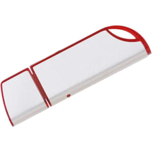 A sleek silver and red flash drive with a simple design and a distinctive branding logo.