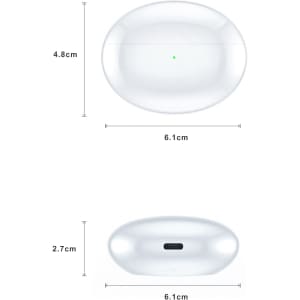 A pair of active noise cancelling wireless earbuds in a glossy white charging case, featuring dimensions on the side.