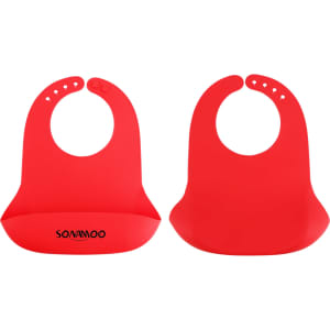 Red silicone bibs with snap closures, featuring a pocket for catching crumbs. Includes a branding logo.