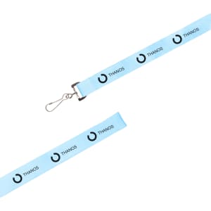 A light blue lanyard featuring a logo and text, designed for attaching items easily.