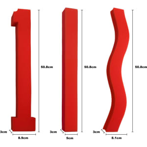 A set of three large red foam sticks in various shapes and sizes, featuring a straight, curved, and number one design.