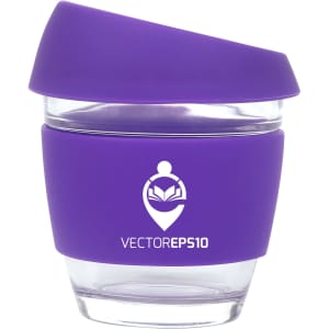 A reusable glass coffee cup with a purple silicone lid and sleeve, featuring a logo on the sleeve.