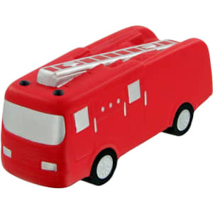 A red fire truck-shaped stress reliever with a silver ladder and wheels, featuring a simple design and branding.