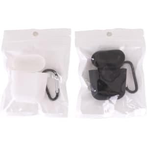 A silicone protection case for AirPods in white and black, packaged with a carabiner for secure attachment.