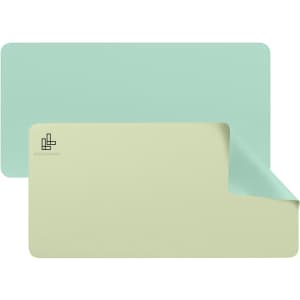 A PU leather desk mat featuring a mint green and pale green colour scheme, with a logo on one side.