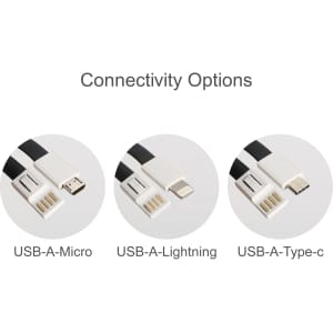 A TPE lanyard charging cable with three connectivity options: USB-A Micro, USB-A Lightning, and USB-A Type-C. The cables are white and black.