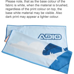 A microfibre beach towel in blue and white, featuring a logo and cloud design, measures 70x140cm.