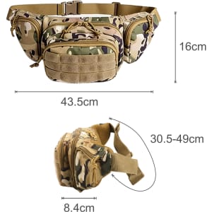 A tactical fanny pack in a camouflage pattern, featuring multiple compartments and adjustable straps. Measures 43.5cm wide.