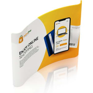 Curved tension fabric display wall in yellow and white, featuring a digital shopping theme and a logo.