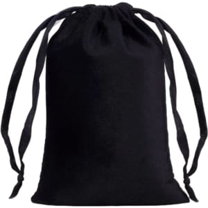 A black silk velvet drawstring bag with two pull strings at the top. It features a smooth, luxurious texture.