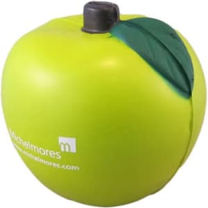 A green apple-shaped stress reliever with a black stem and green leaf, featuring a logo.