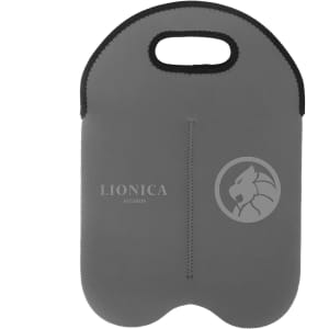 A drink bottle cooler in grey with a handle and a logo, featuring a sleek, modern design.