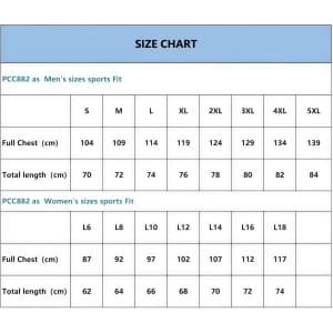 A size chart detailing measurements for men's and women's sports fit singlets, including full chest and total length.