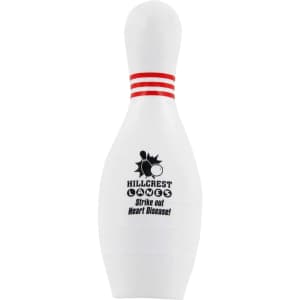 A white bowling pin-shaped stress reliever with red stripes and a logo on the front.