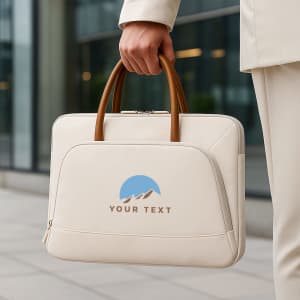 A cream laptop bag with brown PU handles and a zippered outer pocket, featuring a logo.